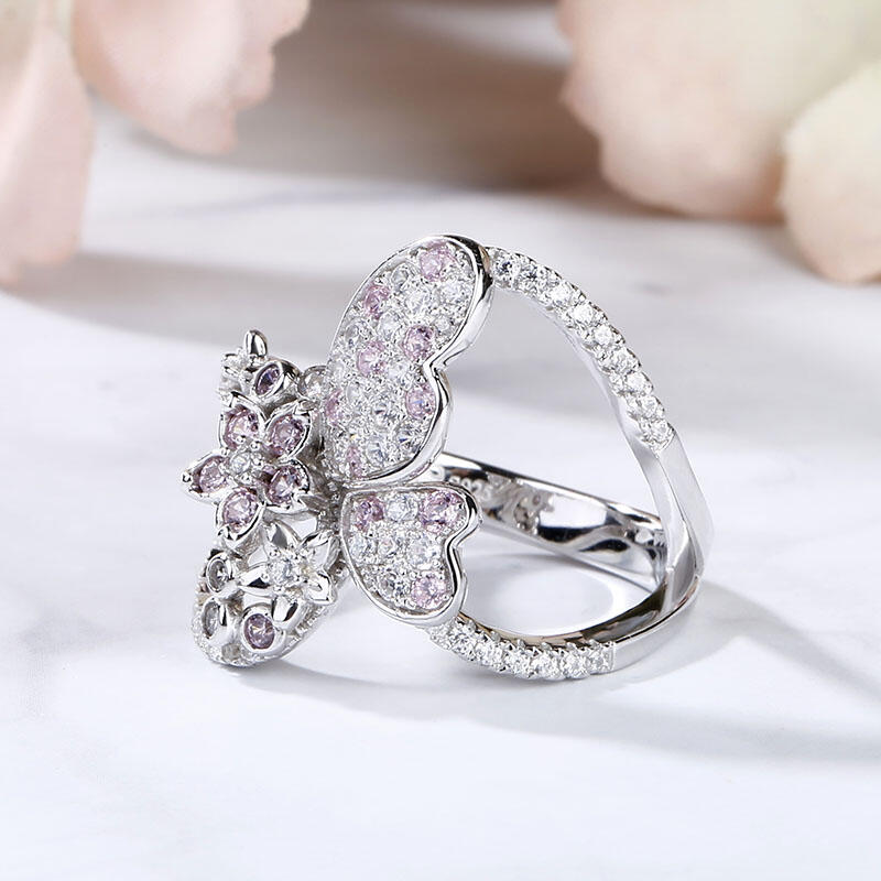 Jeulia Flower and Butterfly Sterling Silver Ring