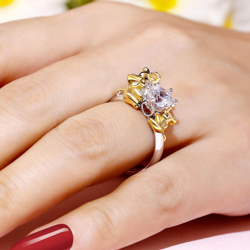 Jeulia Hug Me "Mother & Baby" Elephant Round Cut Sterling Silver Ring