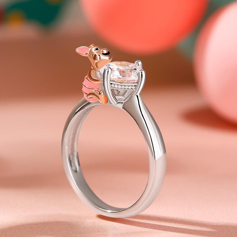 Jeulia Hug Me "Keep Innocence" Pink Pig Round Cut Sterling Silver Ring