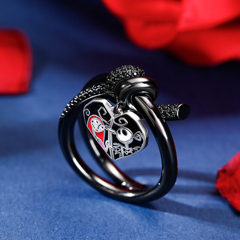 Jeulia Anillo de compromiso de plata con pareja de calavera en corazón