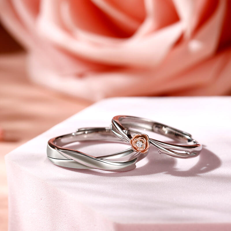 Jeulia Anillos de parejas ajustable con piedra en rosa de plata esterlina