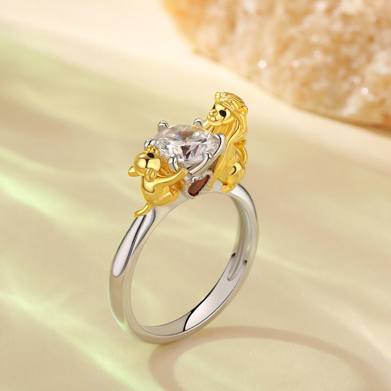 Jeulia Hug Me "Father's Protection" Dad and Baby Lion Round Cut Sterling Silver Ring