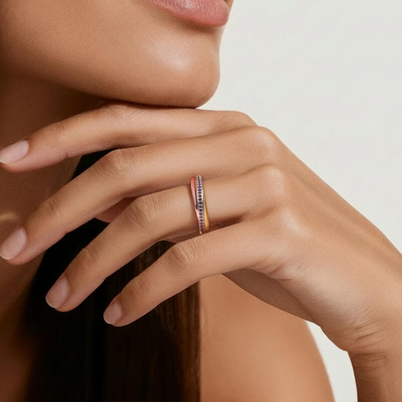 Three Tone Round Cut Sterling Silver Women's Band