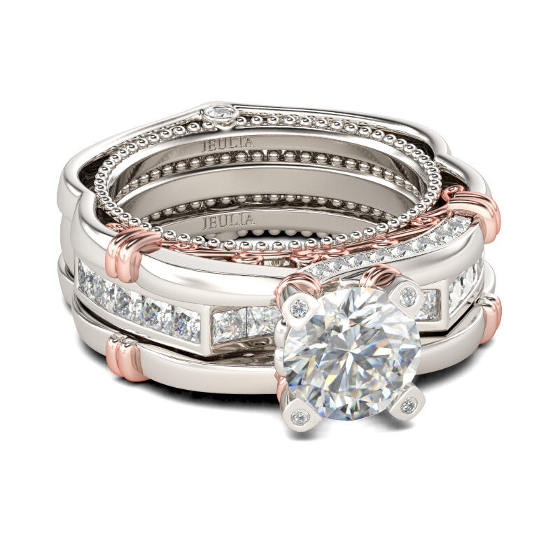 Jeulia Conjunto De Anillos Intercambiables Milgrain De Talla Esmeralda En Plata De Ley