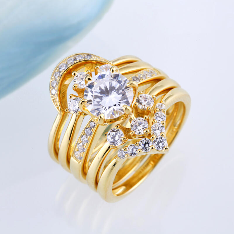 Jeulia Yellow Gold Tone 5PC Round Cut Sterling Silver Ring Set