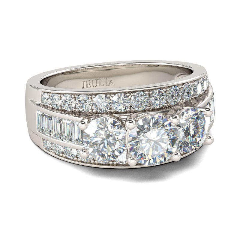 Jeulia Three Stone Round Cut Sterling Silver Ring