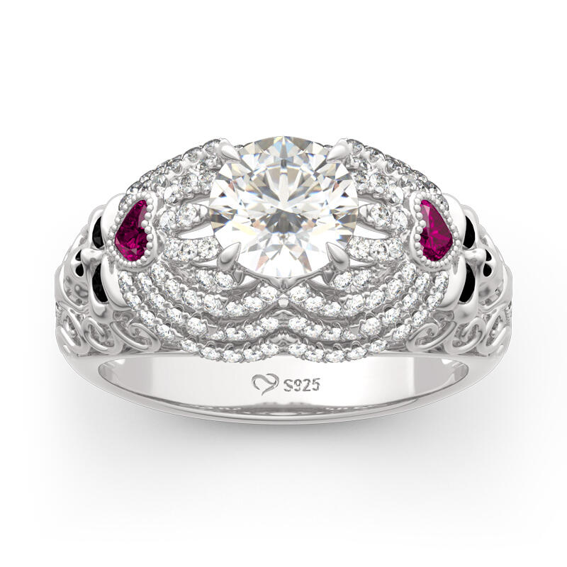 Jeulia Vintage Round Cut Heart Sterling Silver Skull Ring