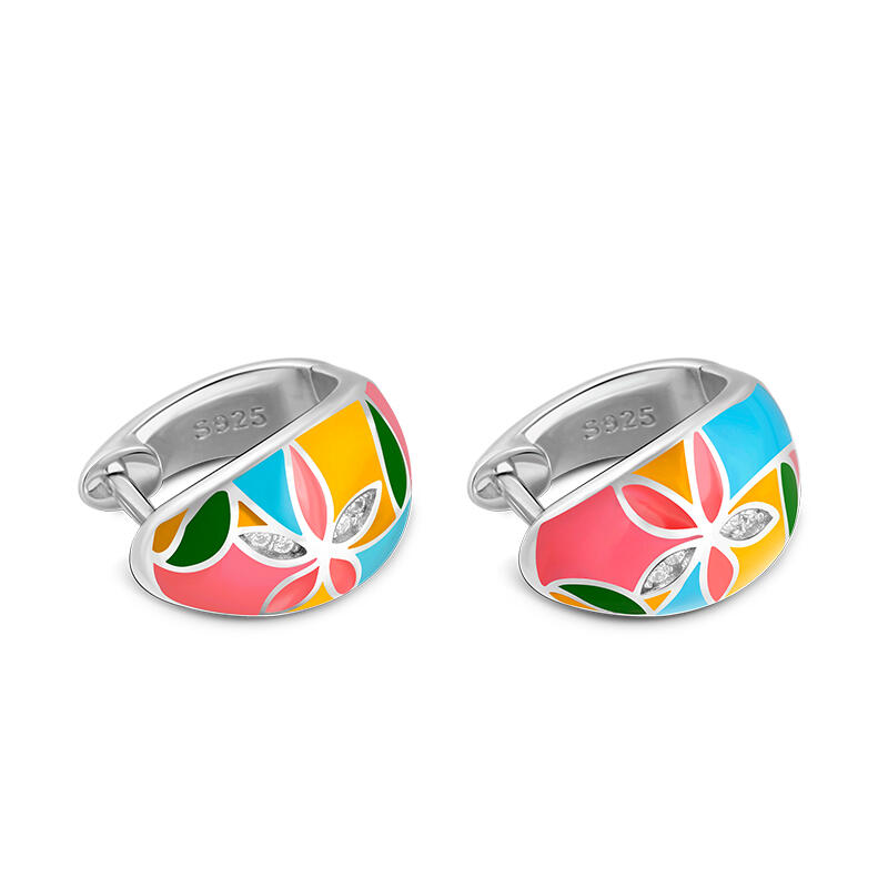 Jeulia "Bright & Fun" Flower Enamel Sterling Silver Hoop Earrings