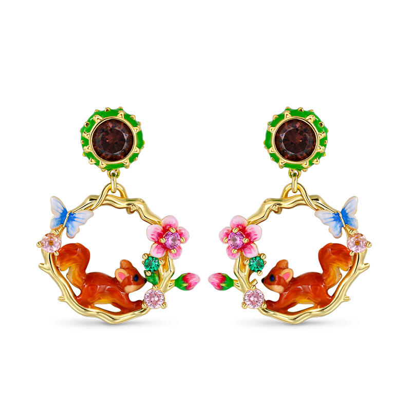 Jeulia リス フラワー 栗鼠 花デザイン エナメル シルバー ピアス