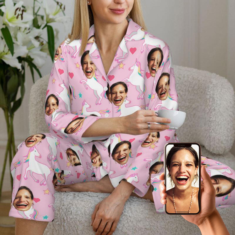Gepersonaliseerde pyjama aangepaste foto regenboog eenhoorn roze patroon ontwerp schattig cadeau voor haar