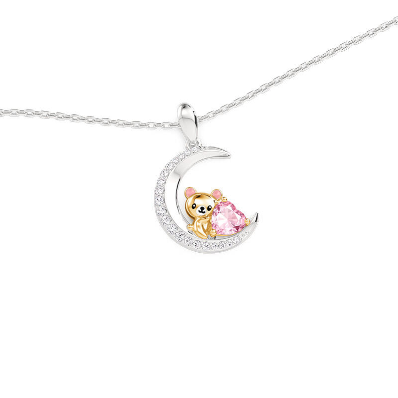 Jeulia Hug Me Custom Teddy Bear Moon Necklace With Birthstone