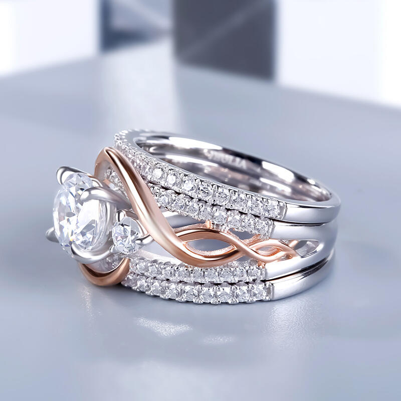 Jeulia Ensemble de Bagues Entrelacé Bicolore en Argent Sterling Coupe Ronde 3PC