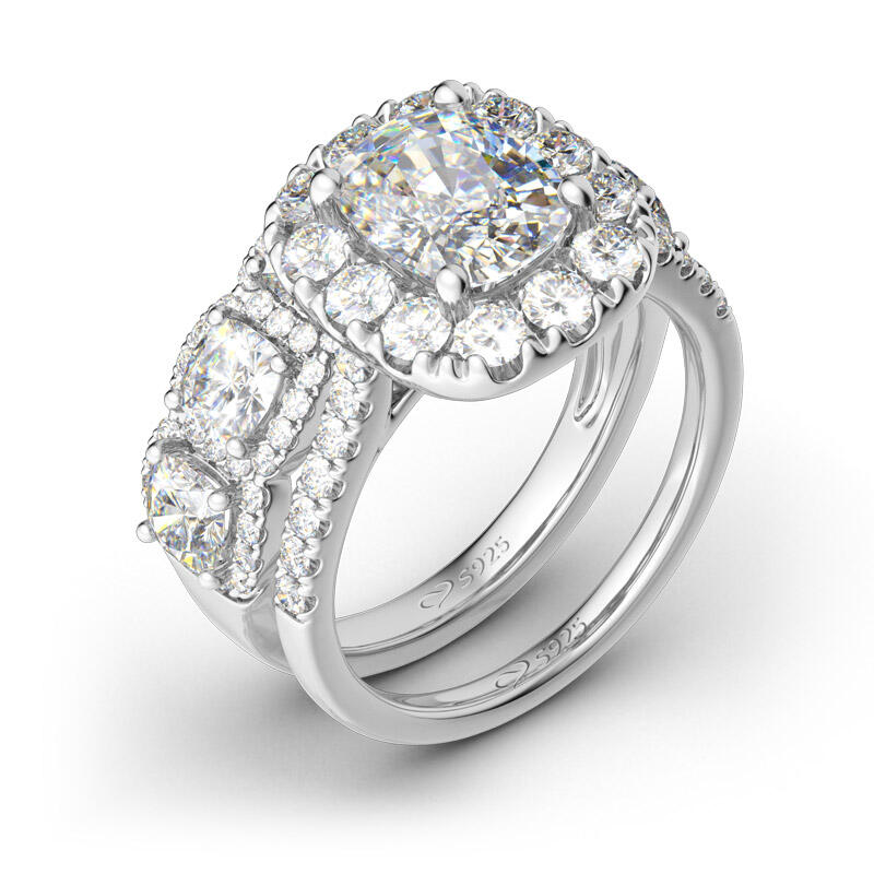 Jeulia Halo Cushion Cut Sterling Silver Ring Set