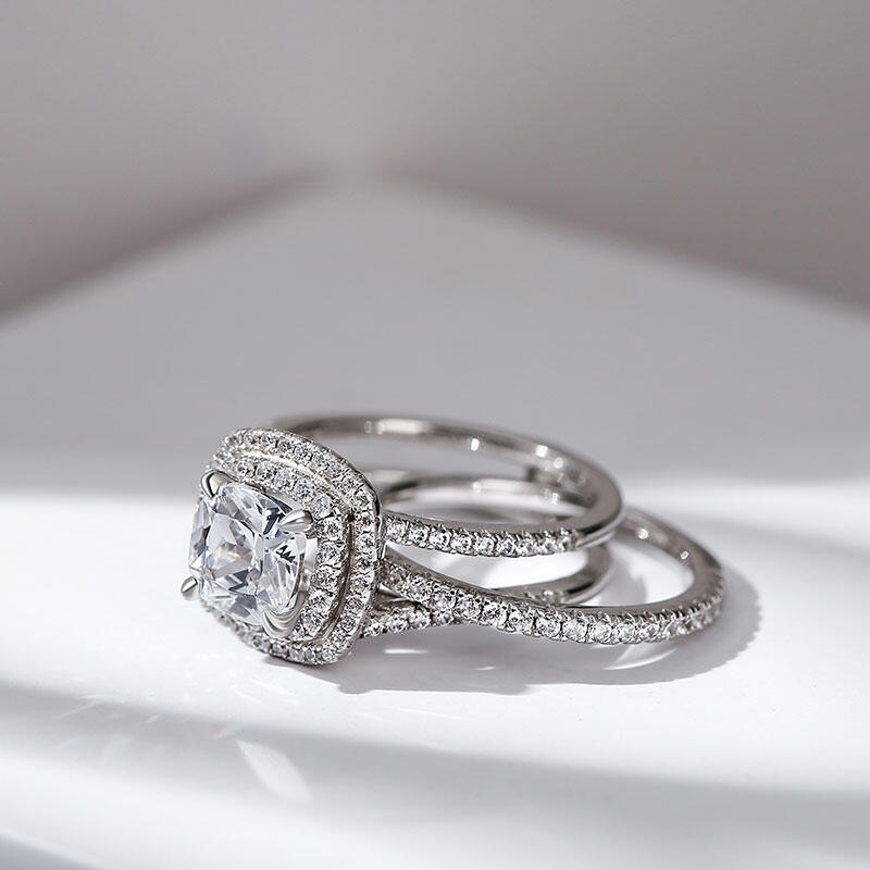 Jeulia dubbele Halo kussen gesneden sterling zilveren ringset