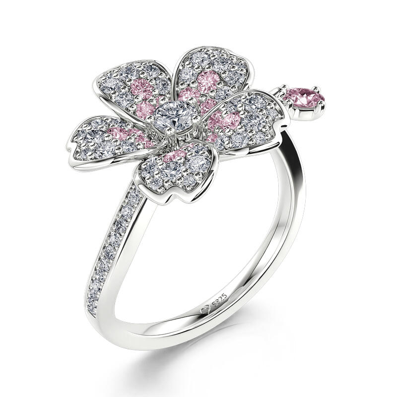 Jeulia Anillo grande de flor de cerezo de plata de ley