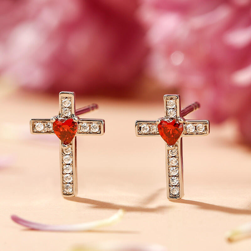 Jeulia Pendientes en plata de ley con diseño en forma de corazón y cruz