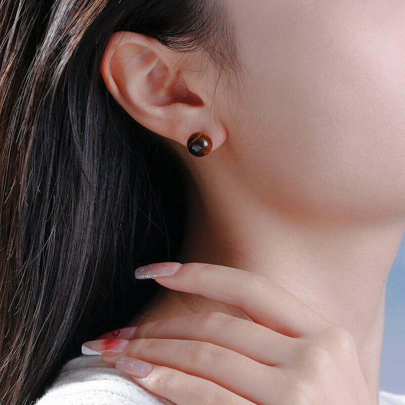 Jeulia "Burst of Courage" Round Natural Tiger's Eye Stud Earrings