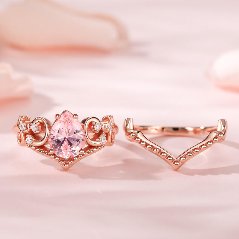 Jeulia V-shaped Pear Cut Synthetic Morganite Sterling Silver Ring Set