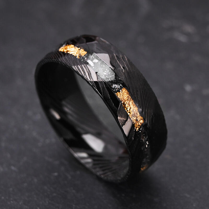 "Sphärenflüstern" 8mm Damaststahl-Meteoriten Herren-Ehering