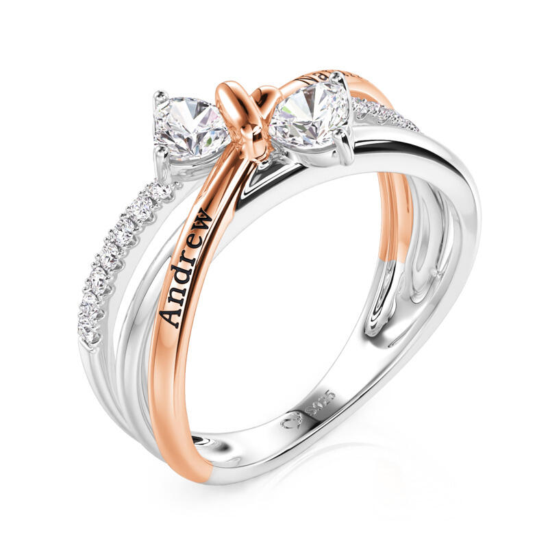 Jeullia Custom Bow Engraved 2 Hearts Promise Ring with Birthstone