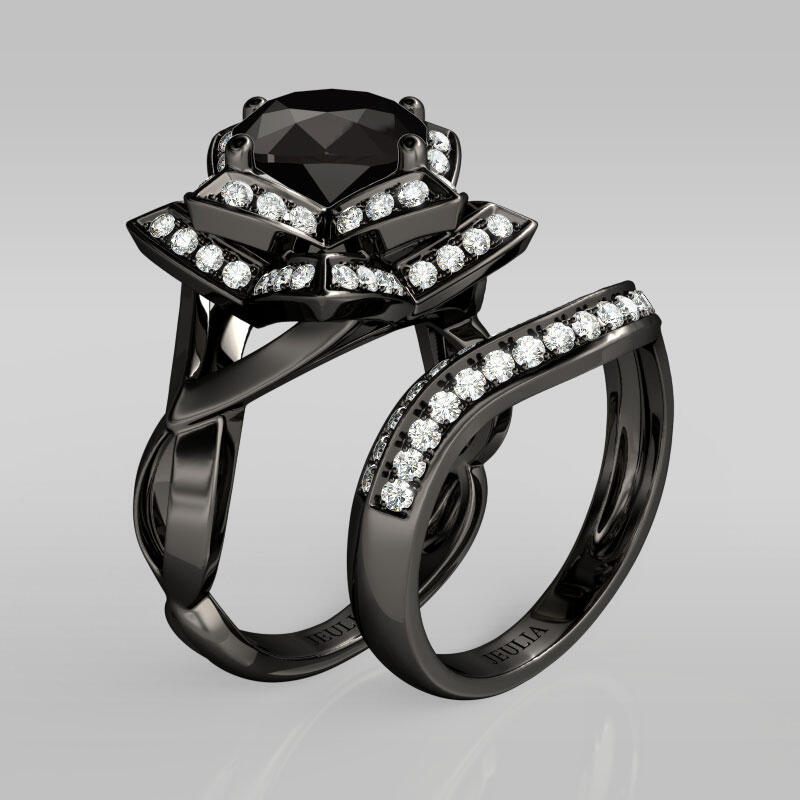 Jeulia Lotus Halo Round Cut Sterling Silver Ring Set