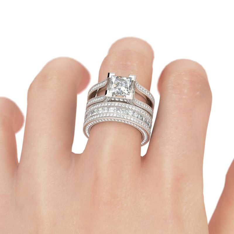 Jeulia Milgrain Princess Cut Sterling Silver Ring Set