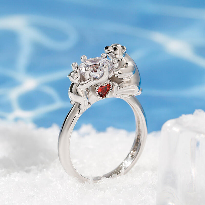 Jeulia Hug Me "Mother & Baby" Polar Bear Round Cut Sterling Silver Ring