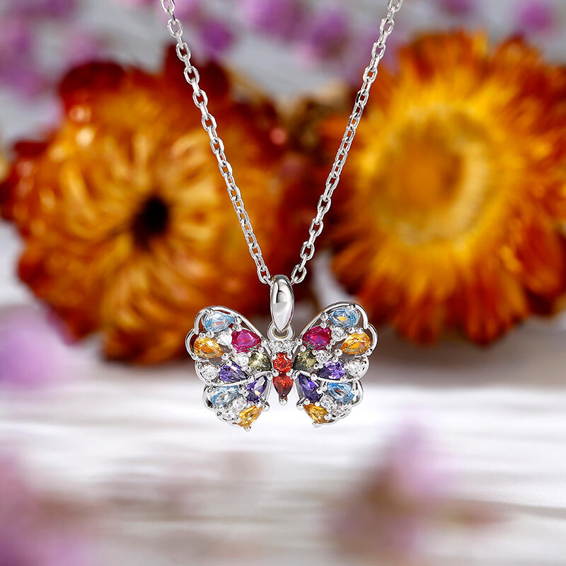 Jeulia Multi Colored Pear Cut Butterfly Sterling Silver Necklace