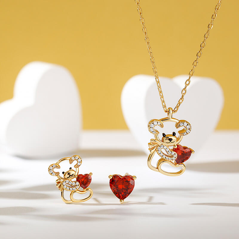 Jeulia "Fall in Love" Teddy Bear and Heart Sterling Silver Jewelry Set