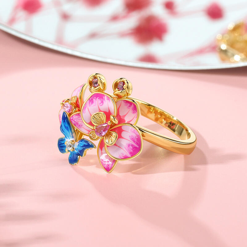 Jeulia バタフライ フラワー 蝶 花 エナメル シルバー リング
