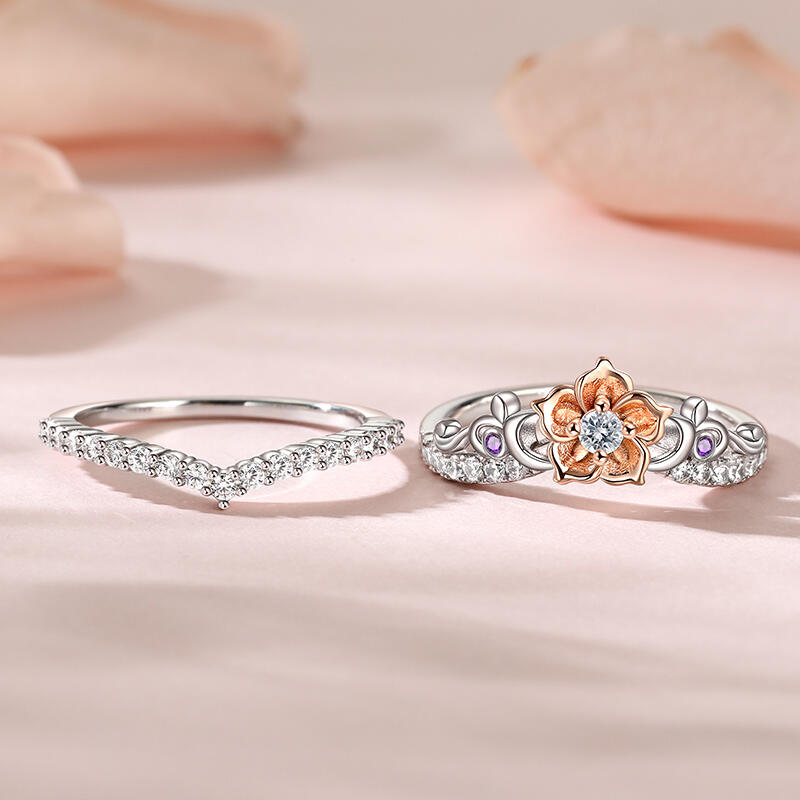 Jeulia Rose Gold Flower Promise Ring Set Two Tone Sterling Silver