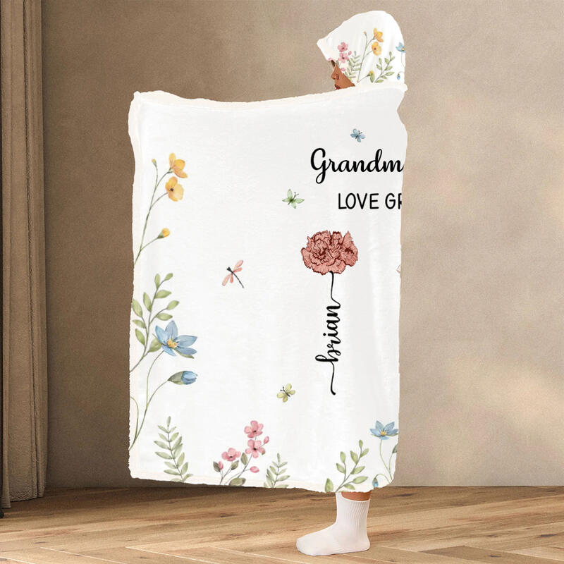 Personalized Birthflower Wearable Blanket Hoodie with Custom Name Best Mother's Day Gift