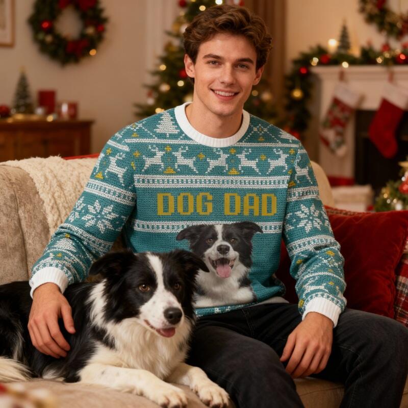 Gepersonaliseerde lelijke trui Unisex Op maat gemaakt met foto van huisdier Blauw argylepatroonontwerp Kerstcadeau voor dierenliefhebbers