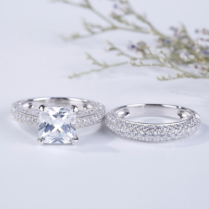 Jeulia Classic Princess Cut Sterling Silver Ring Set