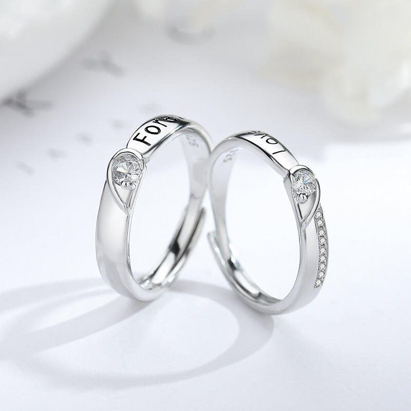 Jeulia Half Heart Round Cut Sterling Silver Adjustable Couple Ring