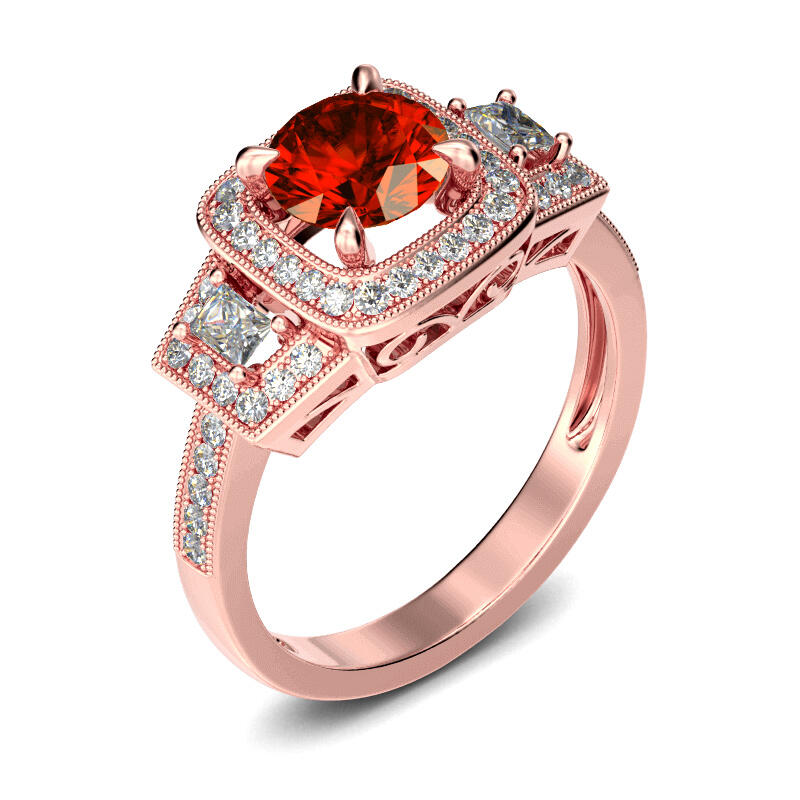 Jeulia Halo Three Stone Round Cut Sterling Silver Ring