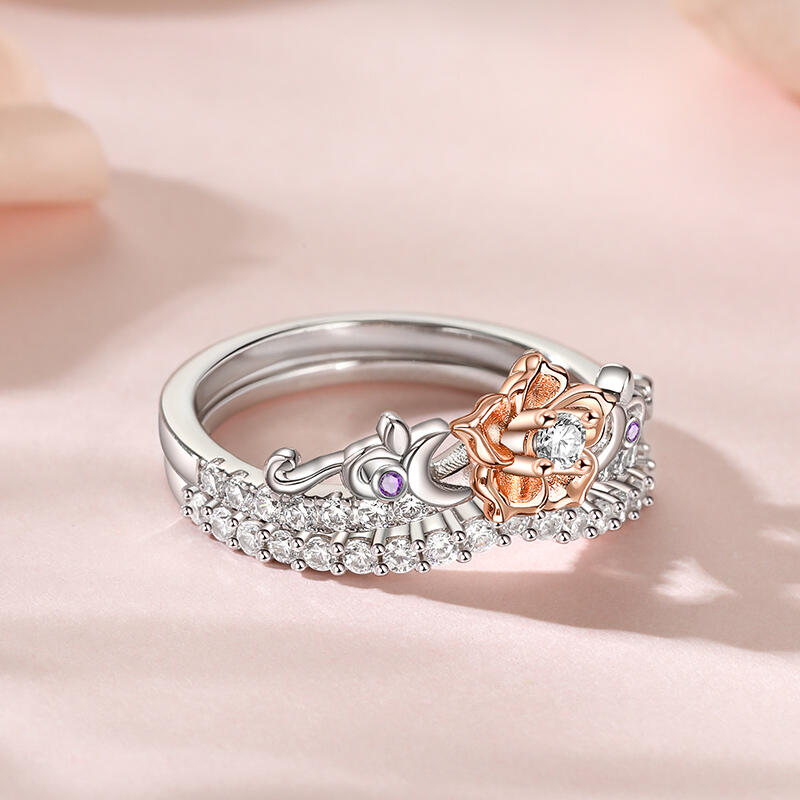 Jeulia Rose Gold Flower Promise Ring Set Two Tone Sterling Silver