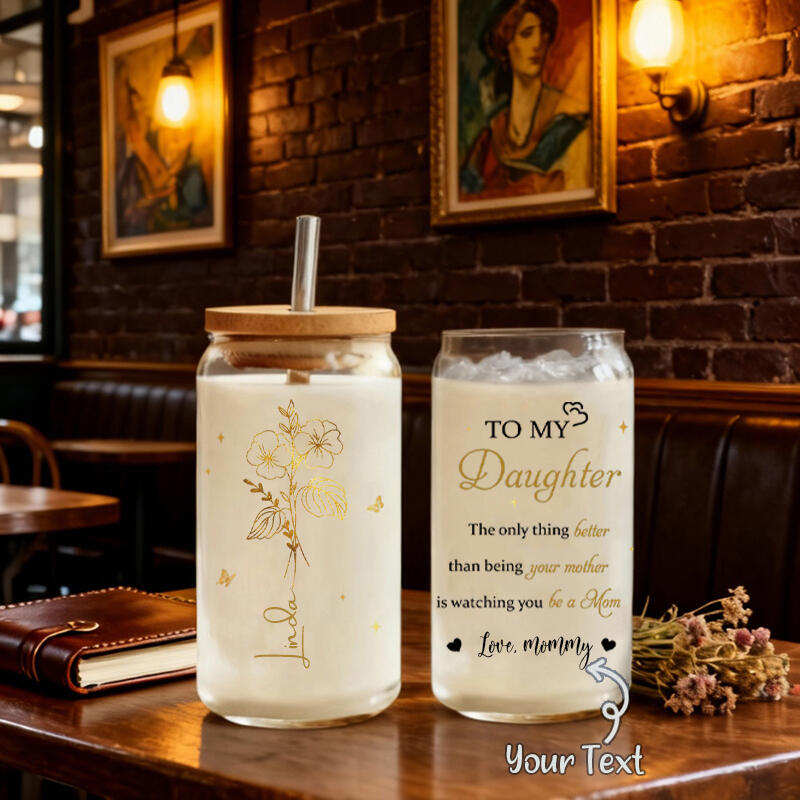 Personalized Name Glass Cup with Lid And Straw And Custom Birthflower Beautiful Present for Daughter