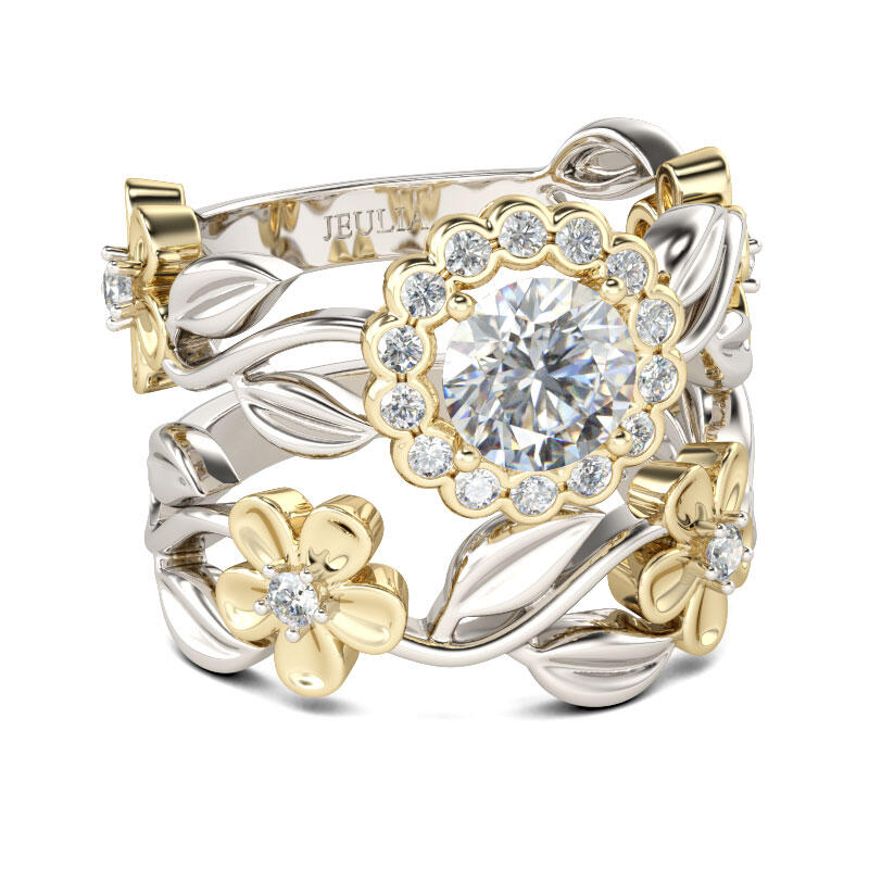Jeulia Flower Halo Round Cut Sterling Silver Ring Set