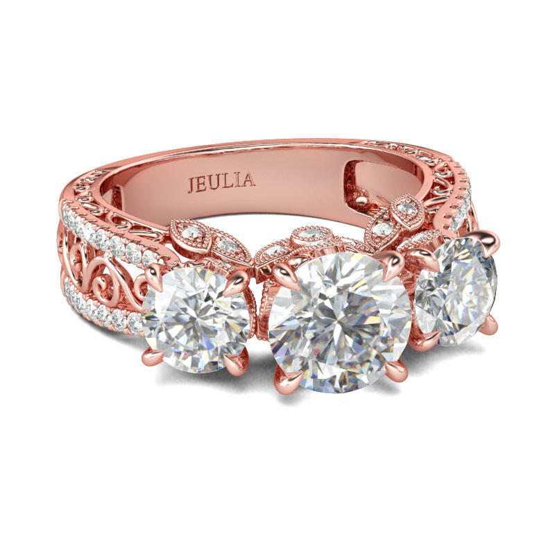 Jeulia Scrollwork Three Stone Round Cut Sterling Silver Ring