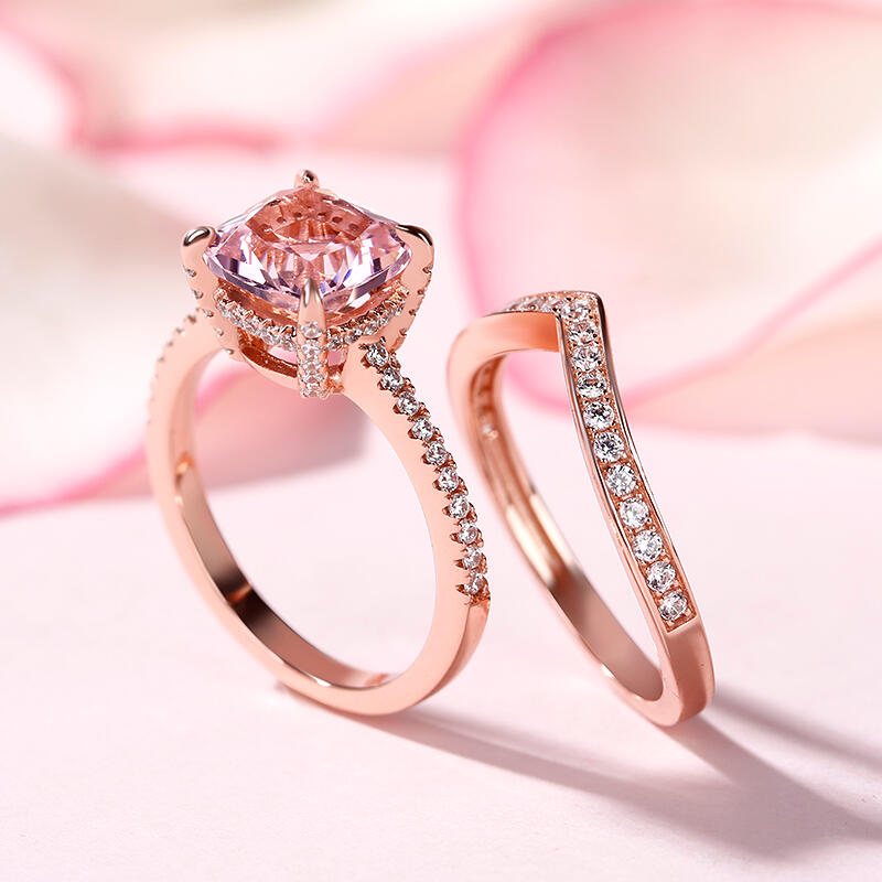 Cushion Cut Synthetic Morganite Ring Set