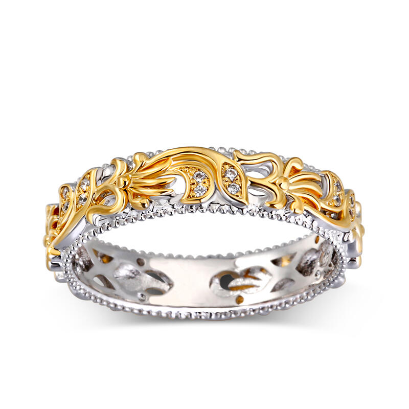 Jeulia Anillo de mujer de plata color oro amarillo tallado con hoja y flor