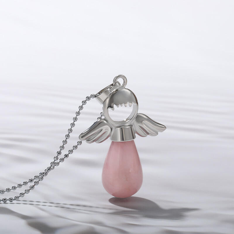 Jeulia "Loving Support" Angel Wings Natural Rose Quartz Necklace