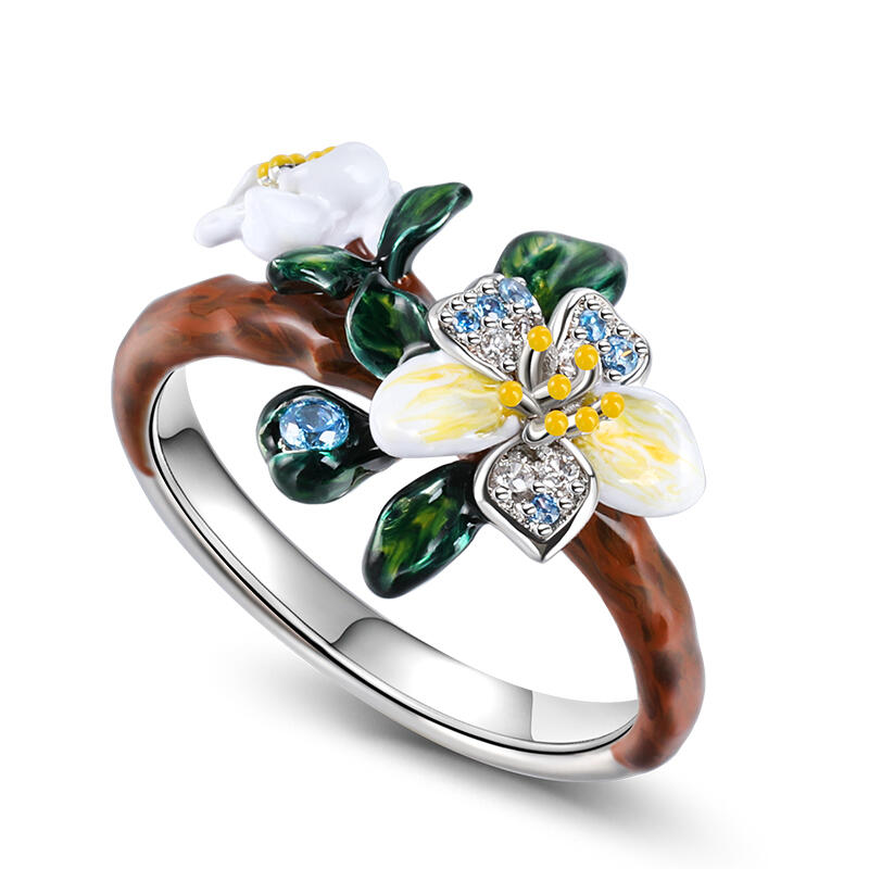 Jeulia "Almond Blossoms" Enamel Sterling Silver Ring