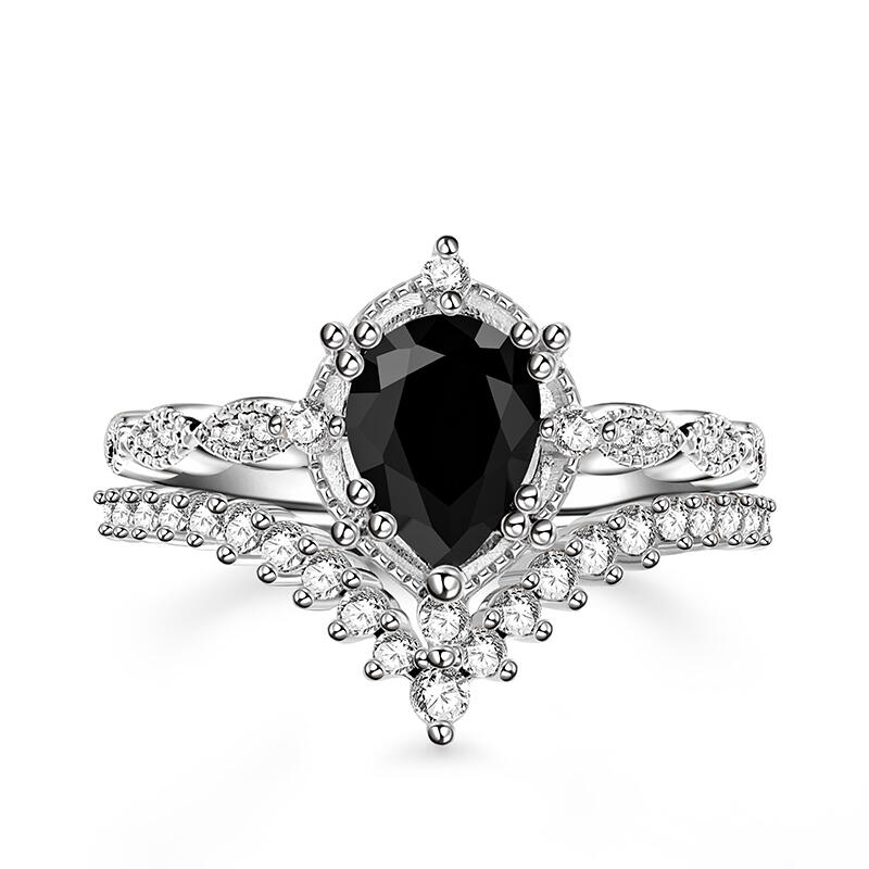 Jeulia Conjunto de Anillos de Plata de Ley con Corte de Pera de Estilo Art Deco