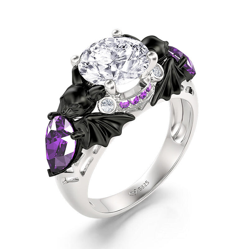 Jeulia Two Tone Black Bat Ring Sterling Silver Round Cut