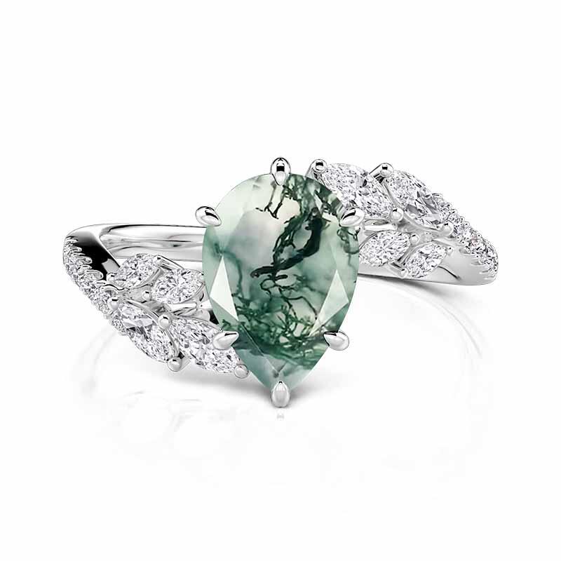 Jeulia Olivetta Bypass Moss Agate Engagement Ring Pear Cut
