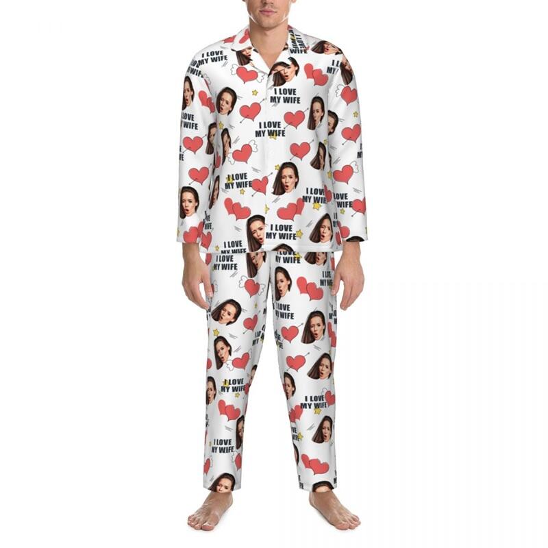Personalized Pajamas Custom Face Photo I Love You Cute Hearts Design Perfect Gift for Couples