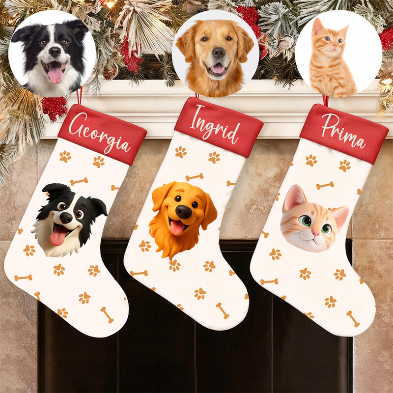 Personalized Christmas Stockings with Custom Cartoon Photos and Names Warm Gift for Pet Owners