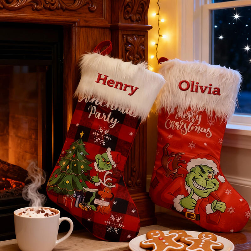 Personalized Green Monster-Patterned Christmas Stockings with Embroidered Names Gifts for Family